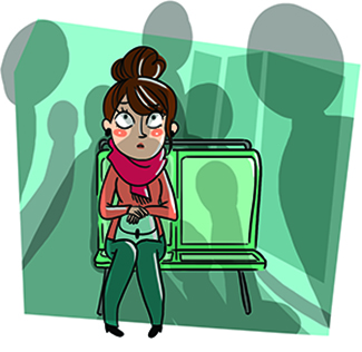 Illustration d'une jeune parisienne apeurée sur un banc de métro,