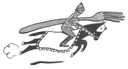 Image d'un chevalier avec une fourchette en guise de lance